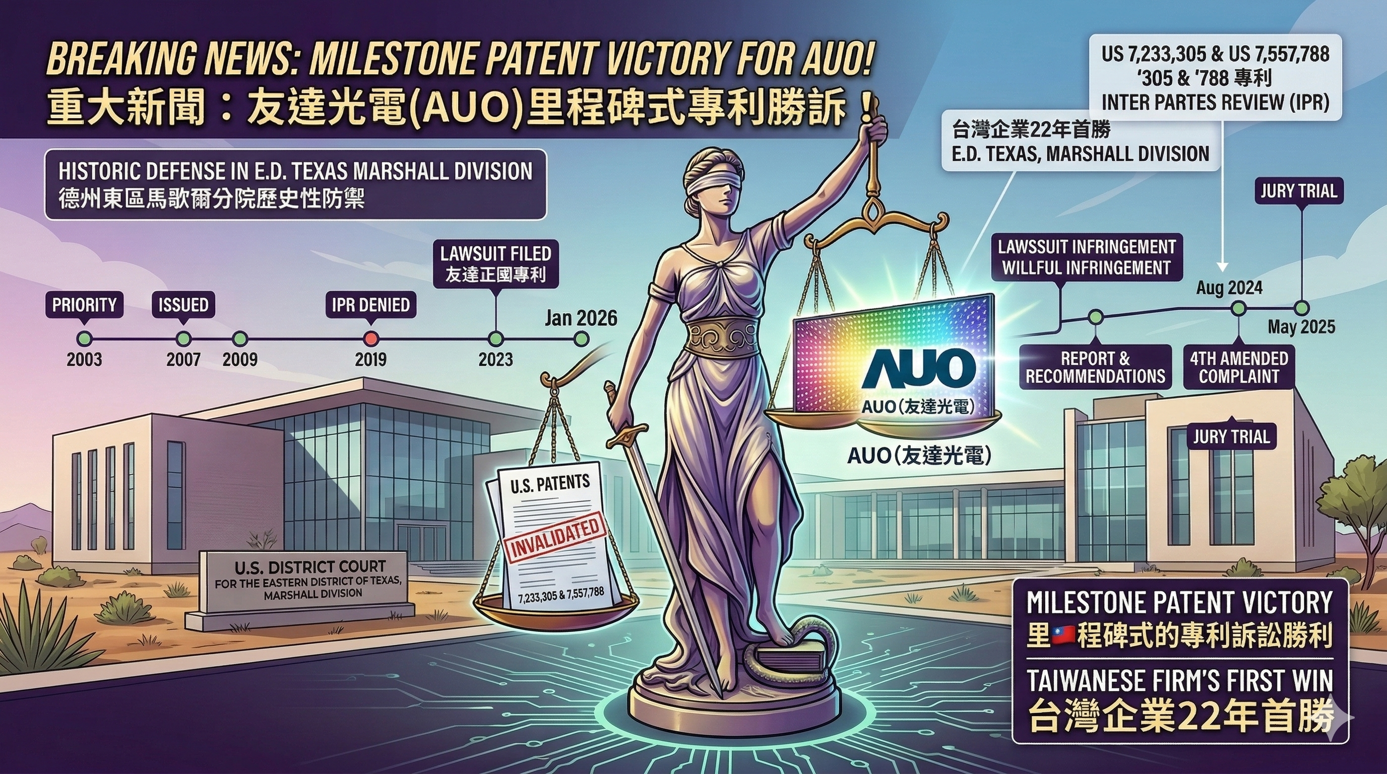 友達光電(AUO)與Phenix Longhorn LLC 的專利訴訟相關重點事件與新聞脈絡